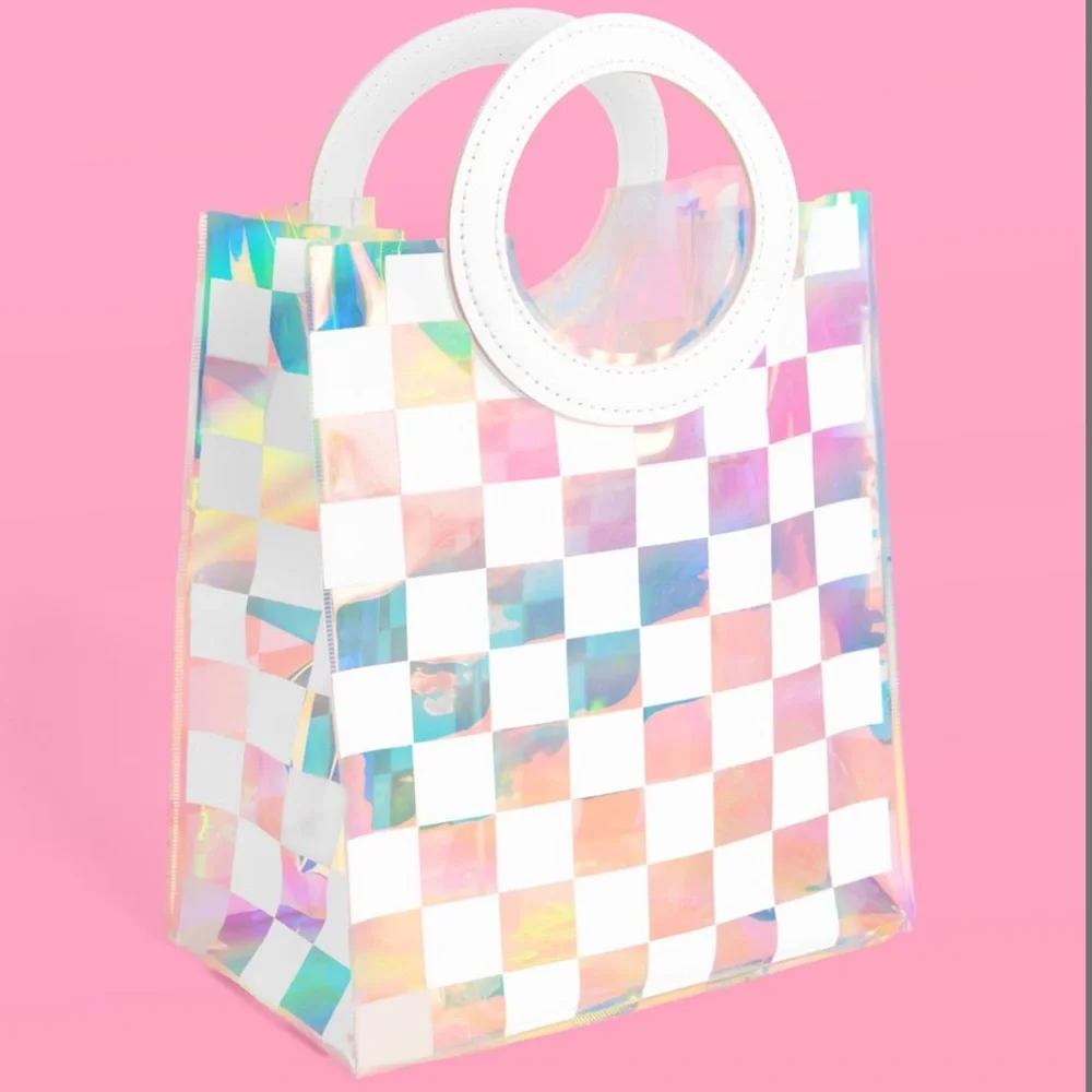 NWT 6Pc Clear Iridescent‎ + White Checkered PVC Bag Set